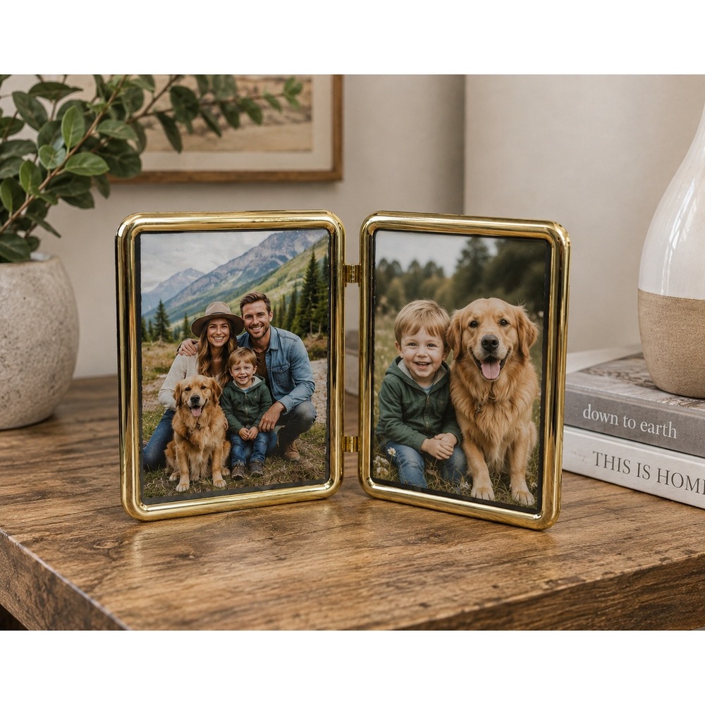 Vtg Solid Brass Double Folding Picture Frame 8x10 Gold Hand Polished